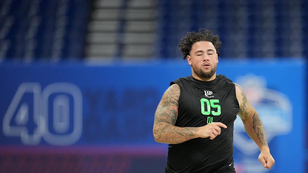 Mar 1, 2026; Indianapolis, IN, USA; Texas A&M offensive lineman Chase Bisontis (OL05) during the NFL Scouting Combine at Lucas Oil Stadium. Mandatory Credit: Kirby Lee-Imagn Images