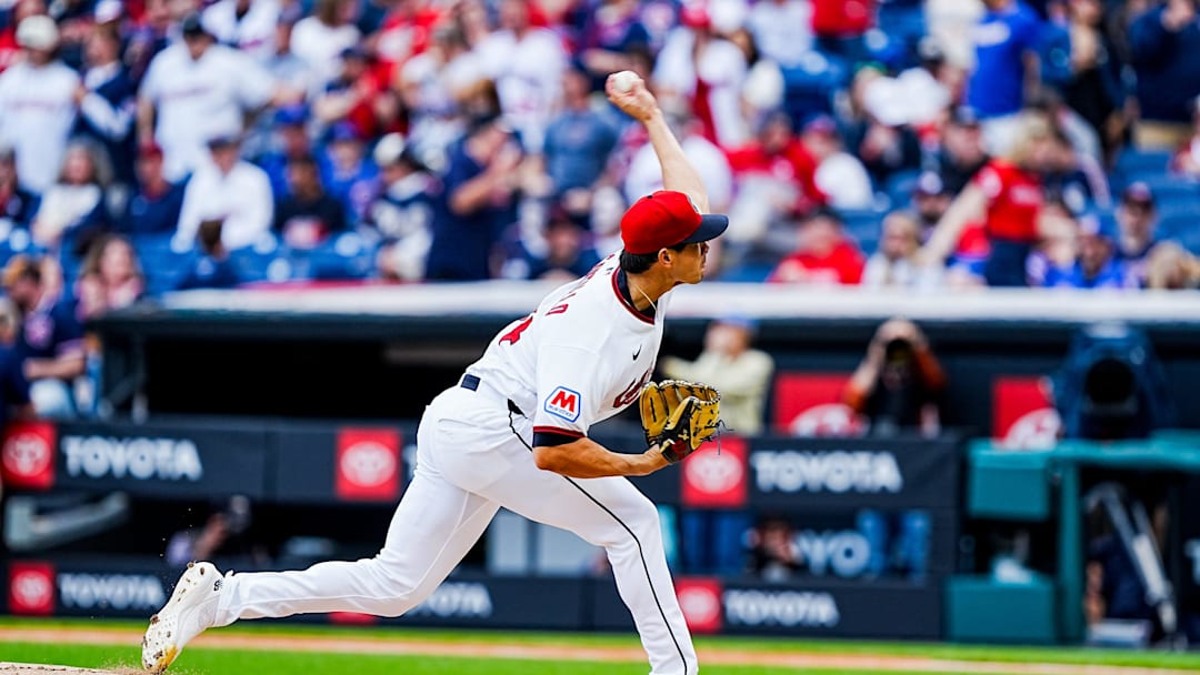 Cleveland Guardians starting pitcher Joey Cantillo (54) delivers a pitch during the home opening game against the Chicago Cubs, April 4, 2026, at Progressive Field in Cleveland, Ohio.