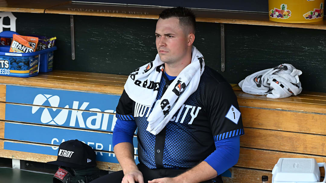 Aug 8, 2025; Detroit, Michigan, USA; Detroit Tigers starting pitcher Tarik Skubal (29) waits on the dugout bench before taking the field to face the Los Angeles Angels at Comerica Park. Mandatory Credit: Lon Horwedel-Imagn Images