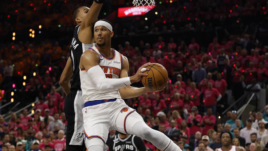 Jun 3, 2026; San Antonio, Texas, USA; New York Knicks guard Josh Hart (3) grabs a rebound against San Antonio Spurs forward Victor Wembanyama (1) in the first half during game one of the 2026 NBA Finals at Frost Bank Center. Mandatory Credit: Geoff Burke-Imagn Images