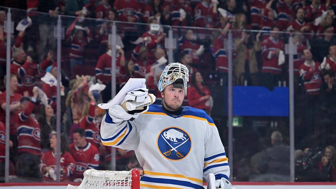 May 12, 2026; Montreal, Quebec, CAN; Buffalo Sabres goalie Ukko-Pekka Luukkonen (1) reacts after the goal scored by Montreal Canadiens forward Cole Caufield (13) (not pictured) during the first period in game four of the second round of the 2026 Stanley Cup Playoffs at Bell Centre. Mandatory Credit: Eric Bolte-Imagn Images