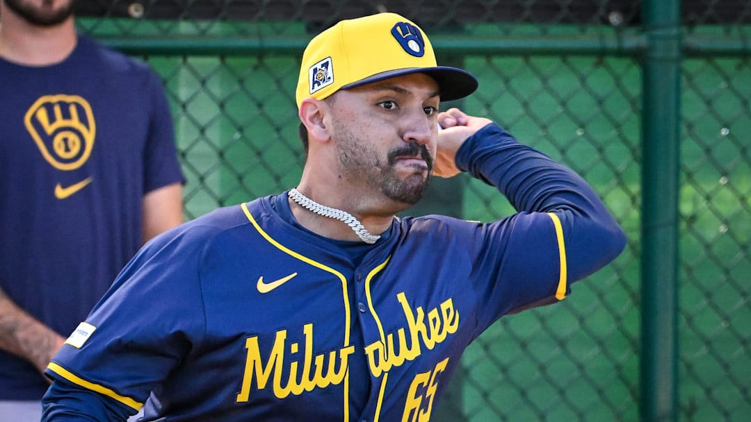 Milwaukee Brewers pitcher Nestor Cortes (65) throws in the bullpen during spring training workouts Saturday, February 15, 2025, at the American Family Fields of Phoenix in Phoenix, Arizona.