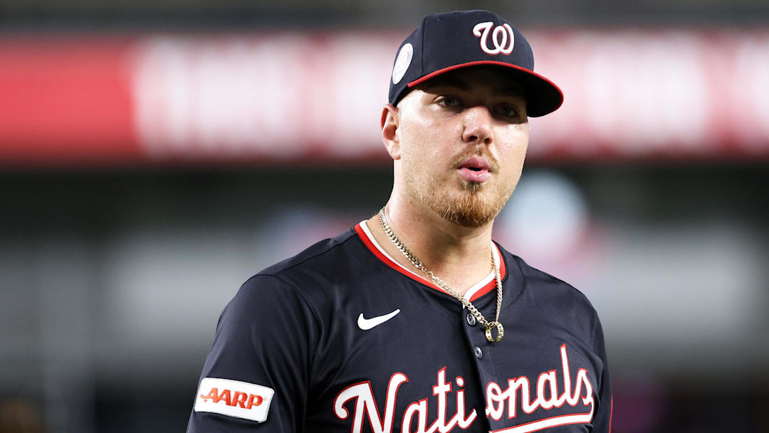 Sep 2, 2025; Washington, District of Columbia, USA; Washington Nationals pitcher Cade Cavalli (24) looks on during the fifth inning against the Miami Marlins at Nationals Park. Mandatory Credit: Daniel Kucin Jr.-Imagn Images