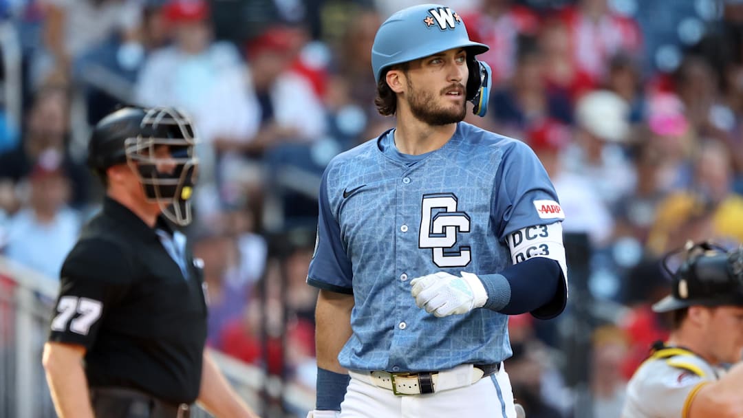 Sep 13, 2025; Washington, District of Columbia, USA; Washington Nationals outfielder Dylan Crews (3) looks on during the third inning against the Pittsburgh Pirates at Nationals Park. Mandatory Credit: Daniel Kucin Jr.-Imagn Images