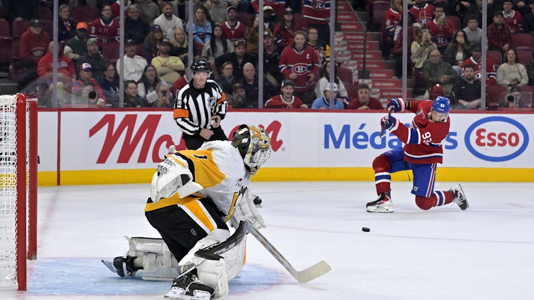 Sep 22, 2025; Montreal, Quebec, CAN;Pittsburgh Penguins goalie Sergei Murashov (1) stops Montreal Canadiens forward Ivan Demidov (93) during the overtime period at the Bell Centre. Mandatory Credit: Eric Bolte-Imagn Images Sep 22, 2025; Montreal, Quebec, CAN;Pittsburgh Penguins goalie Sergei Murashov (1) stops Montreal Canadiens forward Ivan Demidov (93) during the overtime period at the Bell Centre. Mandatory Credit: Eric Bolte-Imagn Images