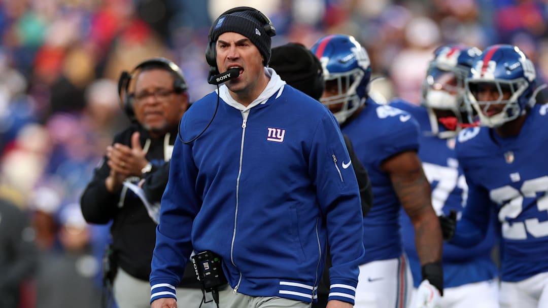 Dec 21, 2025; East Rutherford, New Jersey, USA; New York Giants head coach Mike Kafka (Interim) reacts against the Minnesota Vikings during the first half at MetLife Stadium. Mandatory Credit: Vincent Carchietta-Imagn Images