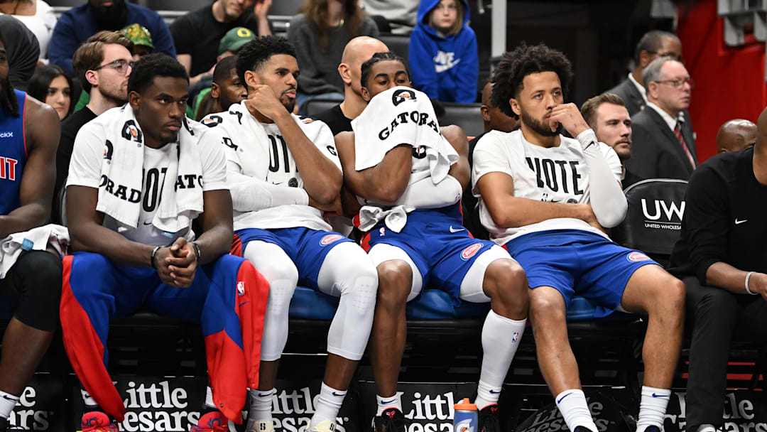Nov 1, 2024; Detroit, Michigan, USA; Detroit Pistons players, from left, center Jalen Duren, forward Tobias Harris, guard Jaden Ivey and  guard Cade Cunningham react to their 30-point loss to the New York Knicks late in the fourth quarter at Little Caesars Arena. Mandatory Credit: Lon Horwedel-Imagn Images