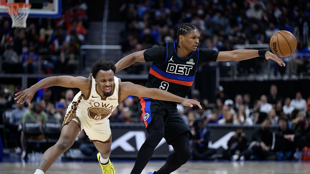 Mar 20, 2026; Detroit, Michigan, USA;  Detroit Pistons guard Ausar Thompson (9) steals the ball from Golden State Warriors guard Lj Cryer (18) in the first half at Little Caesars Arena. Mandatory Credit: Lon Horwedel-Imagn Images