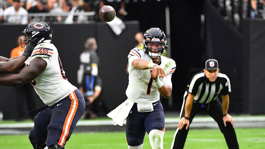 Oct 10, 2021; Paradise, Nevada, USA; Chicago Bears quarterback Justin Fields (1) makes a pass during a game against the Las Vegas Raiders at Allegiant Stadium. Mandatory Credit: Stephen R. Sylvanie-Imagn Images