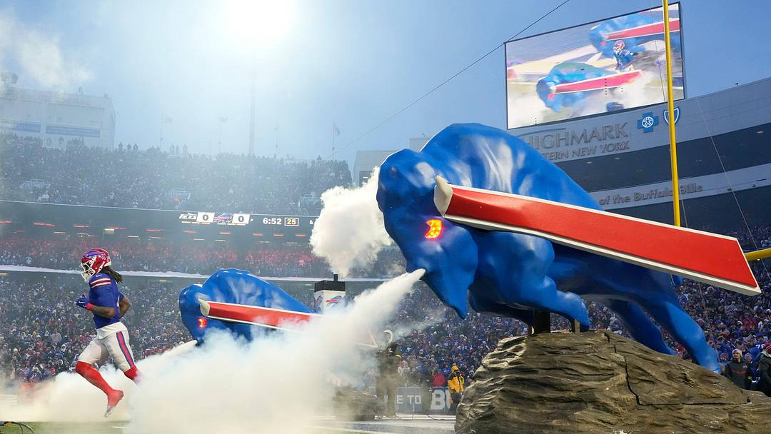 Buffalo Bills RB James Cook III runs onto the field prior to the start of the team's last regular season game against the New York Jets at Highmark Stadium in Orchard Park, New York, on Sunday, January 4, 2026.