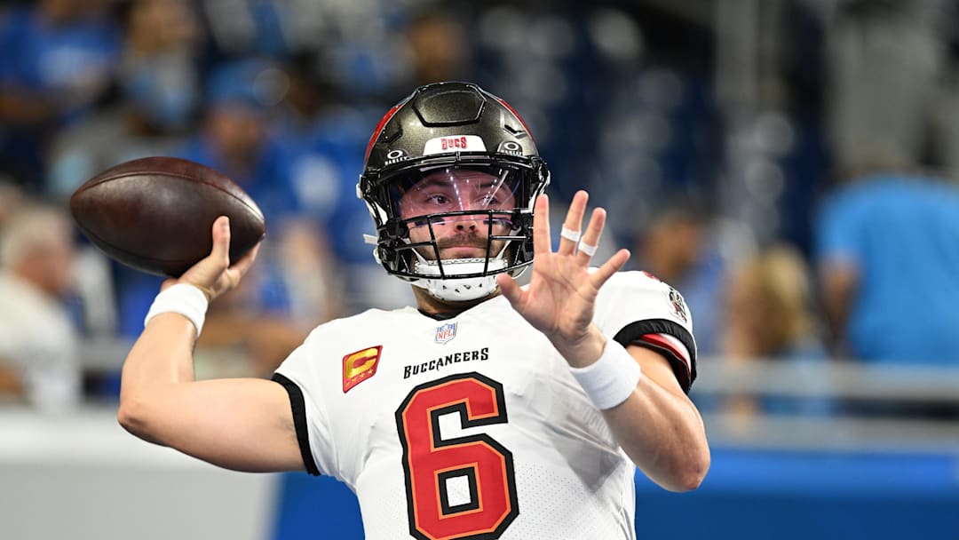 Sep 15, 2024; Detroit, Michigan, USA;  Tampa Bay Buccaneers quarterback Baker Mayfield (6) warms up before their game against the Detroit Lions at Ford Field. Mandatory Credit: Eamon Horwedel-Imagn Images