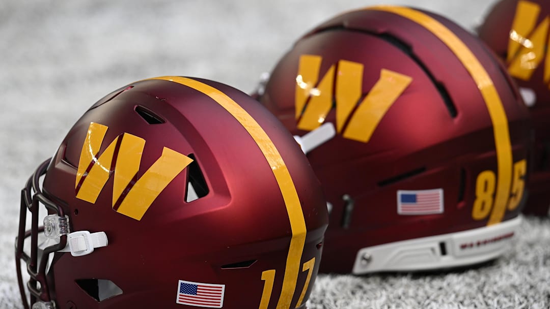 A detail view of the Washington Commanders helmet before the game.