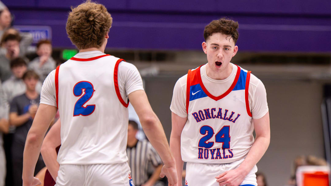 Roncalli High School senior Joe Taylor (24), right, reacts after scoring during the first half of an IHSAA Class 3A regional championship game against Northview High School, Saturday, March 14, 2026, at Greencastle High School. Roncalli High School senior Joe Taylor (24), right, reacts after scoring during the first half of an IHSAA Class 3A regional championship game against Northview High School, Saturday, March 14, 2026, at Greencastle High School.