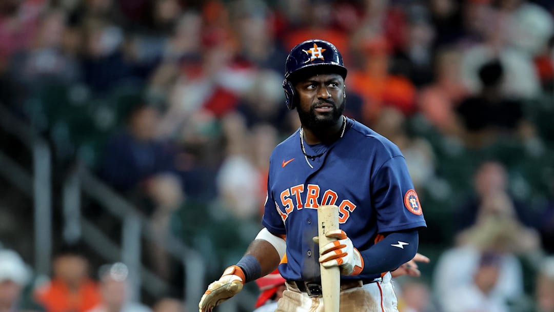 Houston Astros center fielder Taylor Trammell reacts after striking out.