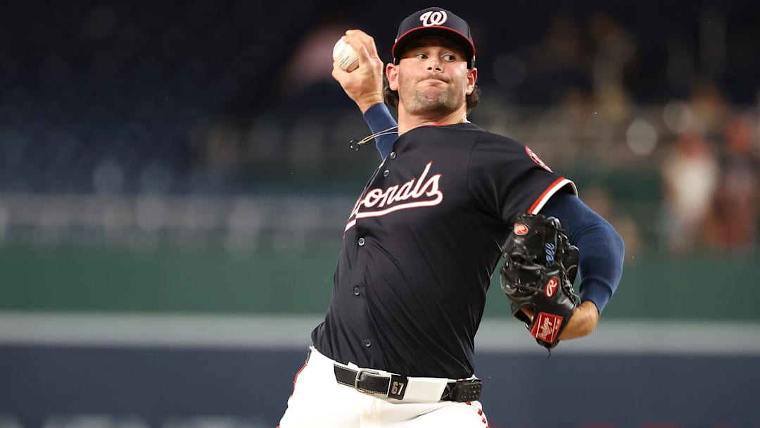 Jul 21, 2025; Washington, District of Columbia, USA; Washington Nationals pitcher Kyle Finnegan (67) throws during the ninth inning against the Cincinnati Reds at Nationals Park