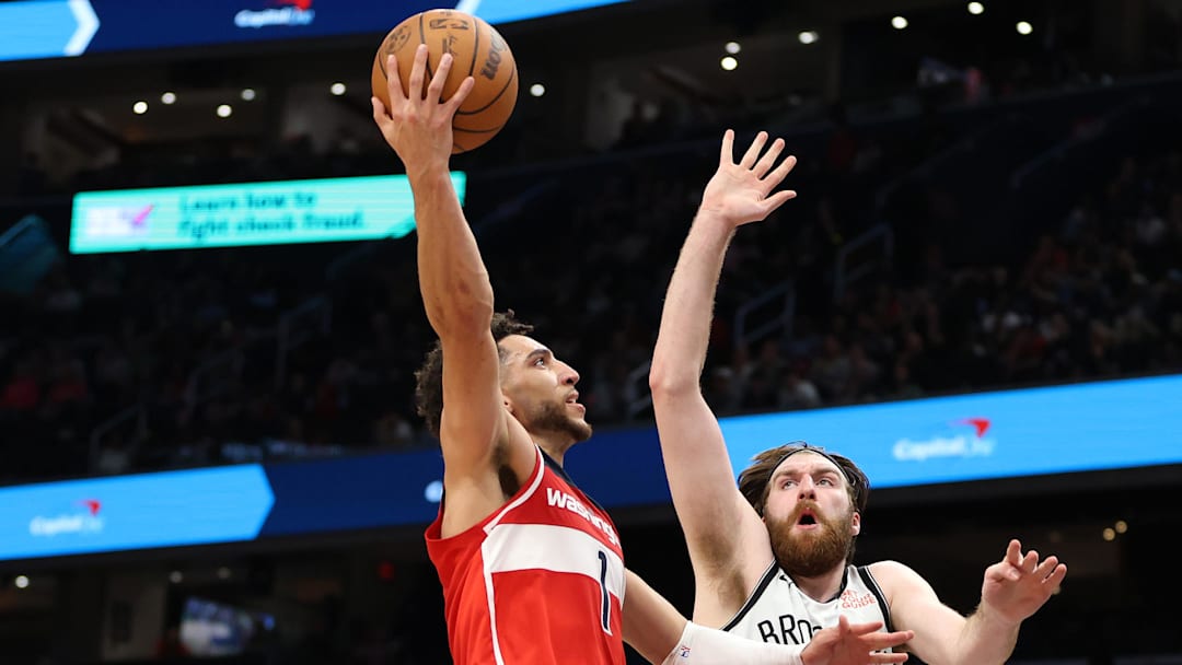 Mar 29, 2025; Washington, District of Columbia, USA; Washington Wizards guard Colby Jones (1) takes a shot over Brooklyn Nets forward Drew Timme (26) during the second half at Capital One Arena. Mandatory Credit: Daniel Kucin Jr.-Imagn Images Mar 29, 2025; Washington, District of Columbia, USA; Washington Wizards guard Colby Jones (1) takes a shot over Brooklyn Nets forward Drew Timme (26) during the second half at Capital One Arena. Mandatory Credit: Daniel Kucin Jr.-Imagn Images