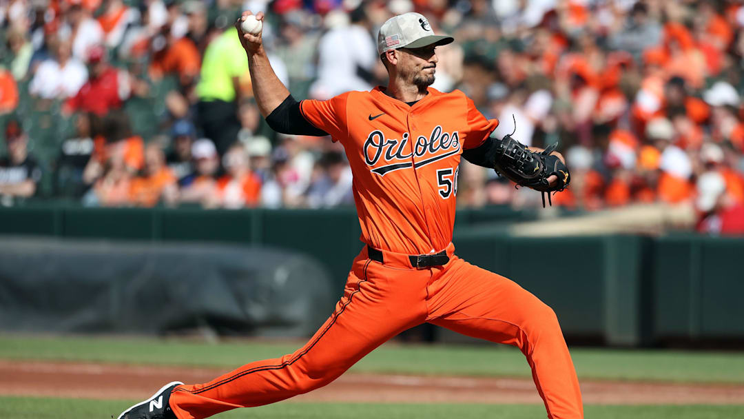 May 17, 2025; Baltimore, Maryland, USA; Baltimore Orioles pitcher Charlie Morton (50) throws during the first inning against the Washington Nationals at Oriole Park at Camden Yards. 