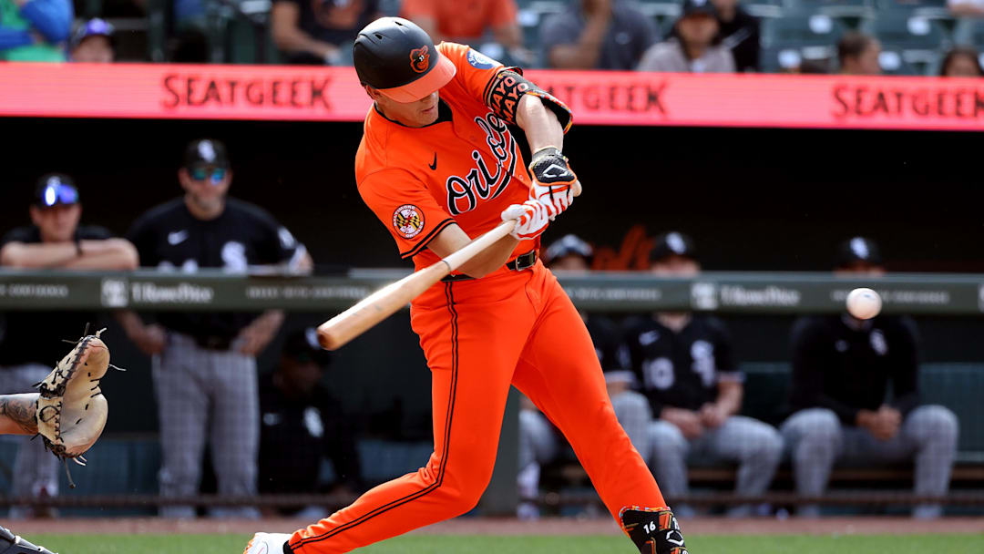 May 31, 2025; Baltimore, Maryland, USA; Baltimore Orioles third baseman Coby Mayo (16) hits a single during the fourth inning against the Chicago White Sox at Oriole Park at Camden Yards. Mandatory Credit: Daniel Kucin Jr.-Imagn Images