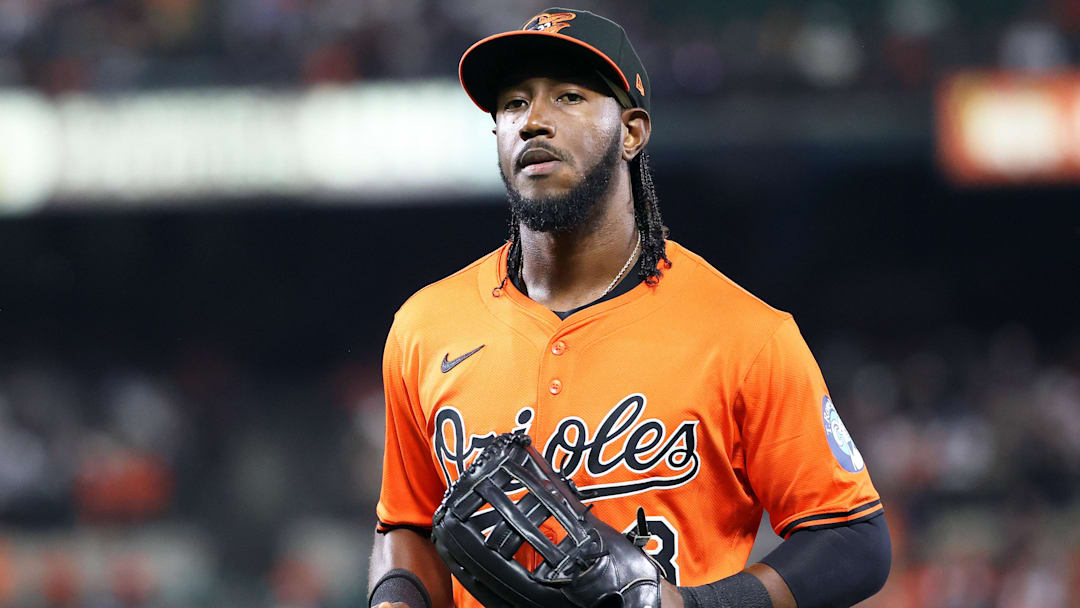 Sep 20, 2025; Baltimore, Maryland, USA; Baltimore Orioles shortstop Jorge Mateo (3) runs off of the field during the first inning against the New York Yankees at Oriole Park at Camden Yards. Mandatory Credit: Daniel Kucin Jr.-Imagn Images
