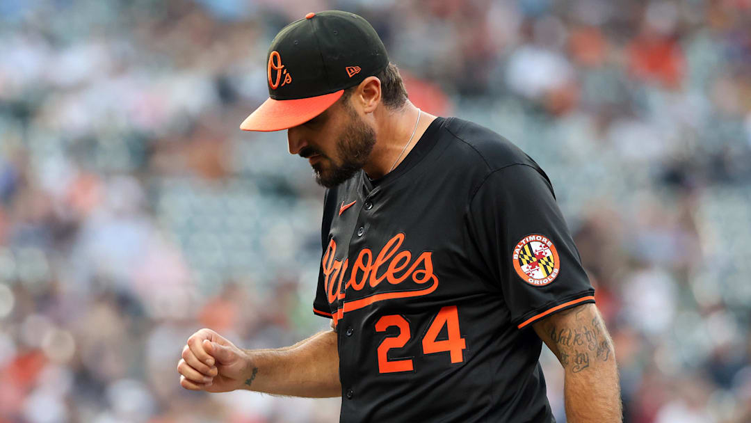 Jun 11, 2025; Baltimore, Maryland, USA; Baltimore Orioles pitcher Zach Eflin (24) celebrates during the fifth inning against the Detroit Tigers at Oriole Park at Camden Yards. Mandatory Credit: Daniel Kucin Jr.-Imagn Images