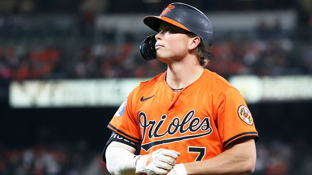 Sep 20, 2025; Baltimore, Maryland, USA; Baltimore Orioles second baseman Jackson Holliday (7) looks on during the first inning against the New York Yankees at Oriole Park at Camden Yards. Mandatory Credit: Daniel Kucin Jr.-Imagn Images