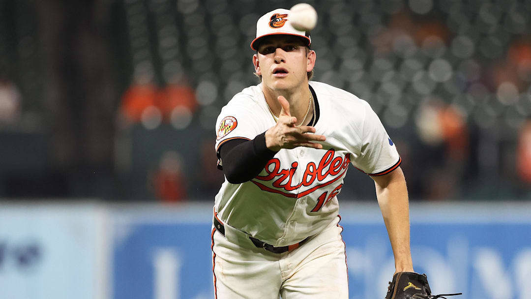 Sep 23, 2025; Baltimore, Maryland, USA; Baltimore Orioles first baseman Coby Mayo (16) throws to first during the seventh inning against the Tampa Bay Rays at Oriole Park at Camden Yards. Mandatory Credit: Daniel Kucin Jr.-Imagn Images