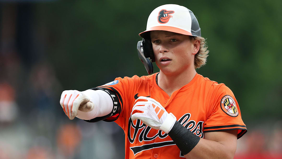 Jul 12, 2025; Baltimore, Maryland, USA; Baltimore Orioles second baseman Jackson Holliday (7) celebrates after hitting a single during the eighth inning against the Miami Marlins at Oriole Park at Camden Yards. Mandatory Credit: Daniel Kucin Jr.-Imagn Images
