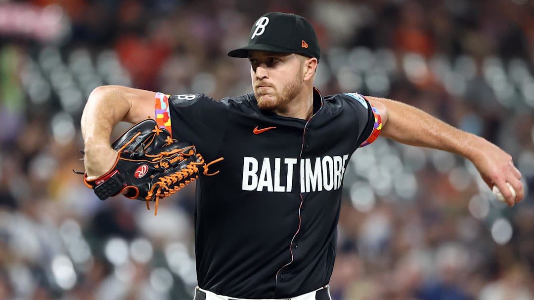 Sep 19, 2025; Baltimore, Maryland, USA; Baltimore Orioles pitcher Trevor Rogers (28) throws during the third inning against the New York Yankees at Oriole Park at Camden Yards. Mandatory Credit: Daniel Kucin Jr.-Imagn Images