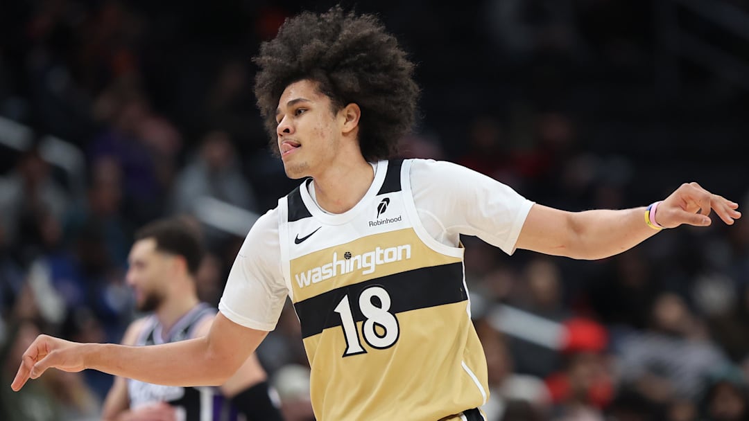 Feb 1, 2026; Washington, District of Columbia, USA; Washington Wizards forward Kyshawn George (18) celebrates during the second half against the Sacramento Kings at Capital One Arena. Mandatory Credit: Daniel Kucin Jr.-Imagn Images