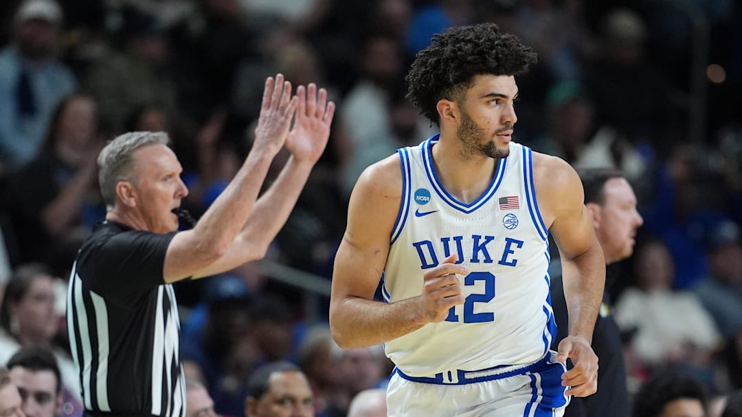 Mar 19, 2026; Greenville, SC, USA; Duke Blue Devils forward Cameron Boozer (12) reacts Siena Saints in the first half during a first round game of the men's 2026 NCAA Tournament at Bon Secours Wellness Arena. Mandatory Credit: Jim Dedmon-Imagn Images