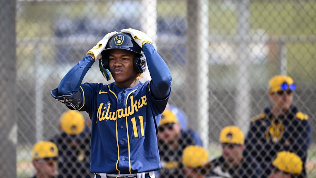 Milwaukee Brewers shortstop prospect Jesus Made prepares to hit during spring training workouts Monday, February 17, 2025, at American Family Fields of Phoenix in Phoenix, Arizona.