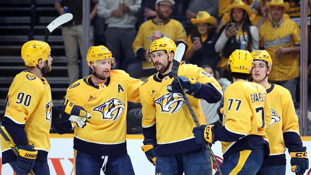 Apr 16, 2026; Nashville, Tennessee, USA;  The Nashville Predators celebrate a goal by Nashville Predators left wing Filip Forsberg (9) during the first period against the Anaheim Ducks at Bridgestone Arena. Mandatory Credit: Alan Poizner-Imagn Images