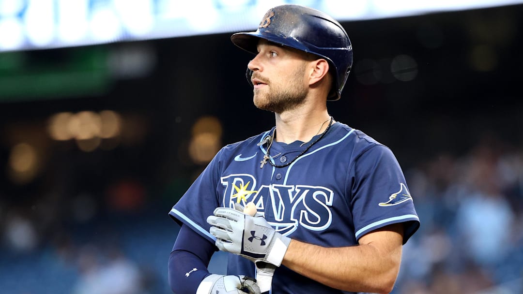 Aug 29, 2025; Washington, District of Columbia, USA; Tampa Bay Rays second baseman Brandon Lowe (8) looks on during the third inning against the Washington Nationals at Nationals Park. Mandatory Credit: Daniel Kucin Jr.-Imagn Images