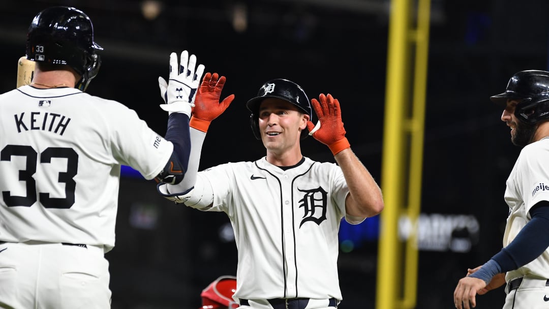 Aug 27, 2024; Detroit, Michigan, USA; Detroit Tigers designated hitter Kerry Carpenter (30) celebrates with second baseman Colt Keith (33) after hitting a two-run home run against the Los Angeles Angels in the sixth inning at Comerica Park.