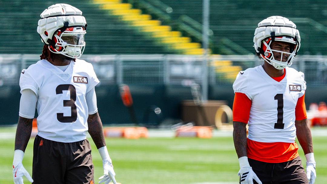 Cleveland Browns wide receiver Jerry Jeudy (3) and Cleveland Browns wide receiver KC Concepcion (1) during the first day of training camp, July 29, 2026, at the Cross Country Mortgage Campus in Berea, Ohio.
