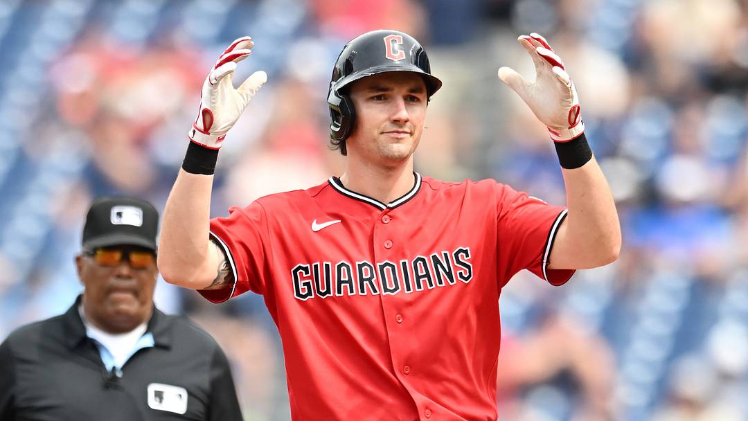 Sep 3, 2026; Cleveland, Ohio, USA; Cleveland Guardians right fielder Chase DeLauter (24) celebrates after hitting a double during the first inning against the Toronto Blue Jays at Progressive Field. Mandatory Credit: Ken Blaze-Imagn Images