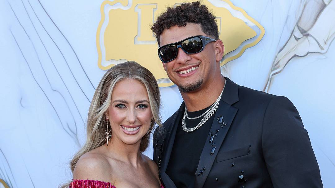 Patrick and Brittany Mahomes on the red carpet at the Kansas City Chiefs Super Bowl Ring ceremony in 2024. 