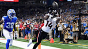 Aug 23, 2025; Detroit, Michigan, USA; Houston Texans wide receiver Quintez Cephus (14) attempts to catch a pass against the Detroit Lions during the fourth quarter at Ford Field. 