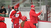 Wisconsin coach Mark Johnson diagrams a play during women’s hockey practice Wednesday, September 9/17/25, at LaBahn Arena in Madison, Wisconsin.
