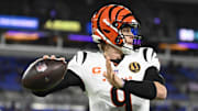 Nov 27, 2025; Baltimore, Maryland, USA; Cincinnati Bengals quarterback Joe Burrow (9) practices before the game at M&T Bank Stadium. Mandatory Credit: Tommy Gilligan-Imagn Images