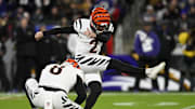 Nov 27, 2025; Baltimore, Maryland, USA; Cincinnati Bengals place kicker Evan McPherson (2) kicks a field goal against the Baltimore Ravens during the first half at M&T Bank Stadium. Mandatory Credit: Tommy Gilligan-Imagn Images