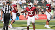Aug 23, 2025; Honolulu, Hawaii, USA;  Stanford Cardinal running back Micah Ford (20) reacts after making a touch down over Hawaii Rainbow Warriors during the second half at Clarence T.C. Ching Athletics Complex. Mandatory Credit: Marco Garcia-Imagn Images