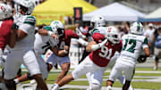 Aug 23, 2025; Honolulu, Hawaii, USA; Stanford Cardinal defensive lineman Clay Patterson (91) sacks Hawaii Rainbow Warriors quarterback Micah Alejado (12) in the end zone during the first half of an NCAA college football game at Clarence T.C. Ching Athletics Complex. Mandatory Credit: Marco Garcia-Imagn Images