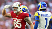 Dec 7, 2025; Glendale, Arizona, USA; Arizona Cardinals tight end Trey McBride (85) reacts after a catch against the Los Angeles Rams during the first half at State Farm Stadium. Mandatory Credit: Mark J. Rebilas-Imagn Images