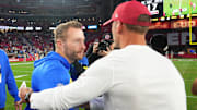 Dec 7, 2025; Glendale, Arizona, USA; Los Angeles Rams head coach Sean McVay shakes hands with Arizona Cardinals head coach Jonathan Gannon after the game at State Farm Stadium. Mandatory Credit: Joe Camporeale-Imagn Images