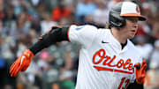 Baltimore Orioles outfielder Heston Kjerstad (13) hits a double during the sixth inning against the Toronto Blue Jays at Oriole Park at Camden Yards.