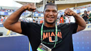 Aug 24, 2019; Orlando, FL, USA; Jacksonville Jaguars defensive end and former Miami Hurricanes player Calais Campbell in attendance prior to the game between the Miami Hurricanes and the Florida Gators at Camping World Stadium. Mandatory Credit: Jasen Vinlove-USA TODAY Sports