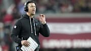 Nov 24, 2025; Santa Clara, California, USA; Carolina Panthers head coach Dave Canales during the first half at Levi's Stadium. Mandatory Credit: Kyle Terada-Imagn Images