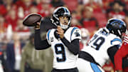 Nov 24, 2025; Santa Clara, California, USA; Carolina Panthers quarterback Bryce Young (9) drops back to pass against the San Francisco 49ers during the first half at Levi's Stadium. Mandatory Credit: Kelley L Cox-Imagn Images