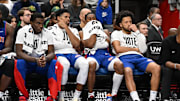 Nov 1, 2024; Detroit, Michigan, USA; Detroit Pistons players, from left, center Jalen Duren, forward Tobias Harris, guard Jaden Ivey and  guard Cade Cunningham react to their 30-point loss to the New York Knicks late in the fourth quarter at Little Caesars Arena. Mandatory Credit: Lon Horwedel-Imagn Images